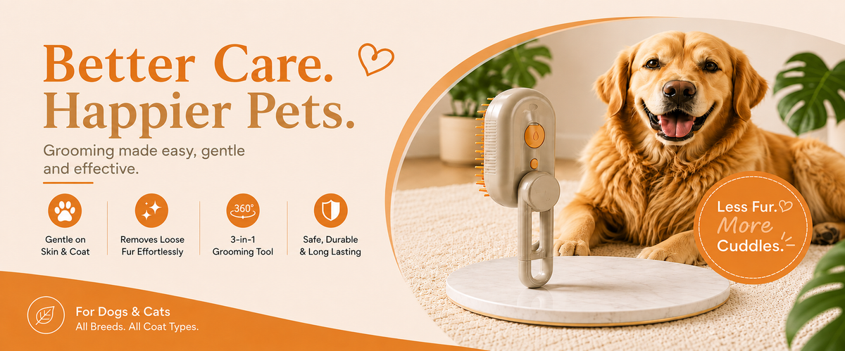 Better care, happier pets: the 3-in-1 grooming brush beside a golden retriever, gentle on skin and coat for all breeds