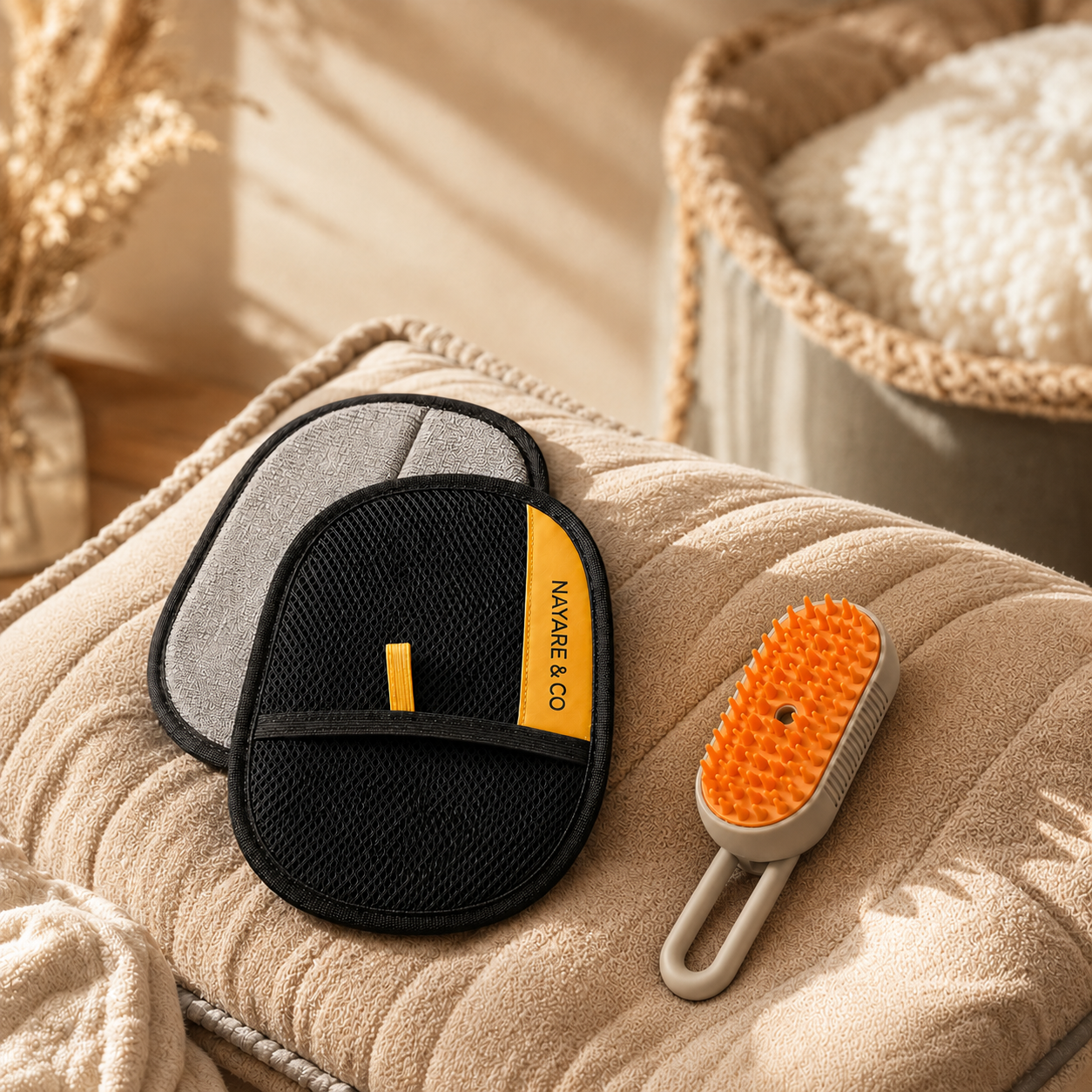 Nayare FurGlove and MistBrush grooming duo resting on a pet bed