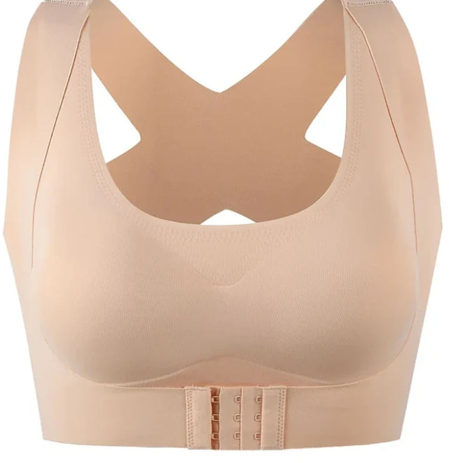 Soutien-gorge correcteur de posture PostureLift, coloris beige, vu de face : bretelles croisées en X dans le dos et fermeture avant à trois rangées d agrafes